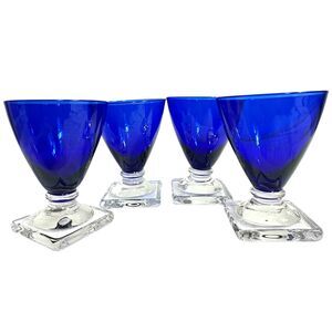 Set of 4 Vintage Stunning Royal Cobalt Blue Wine Short Goblets Square Bottom